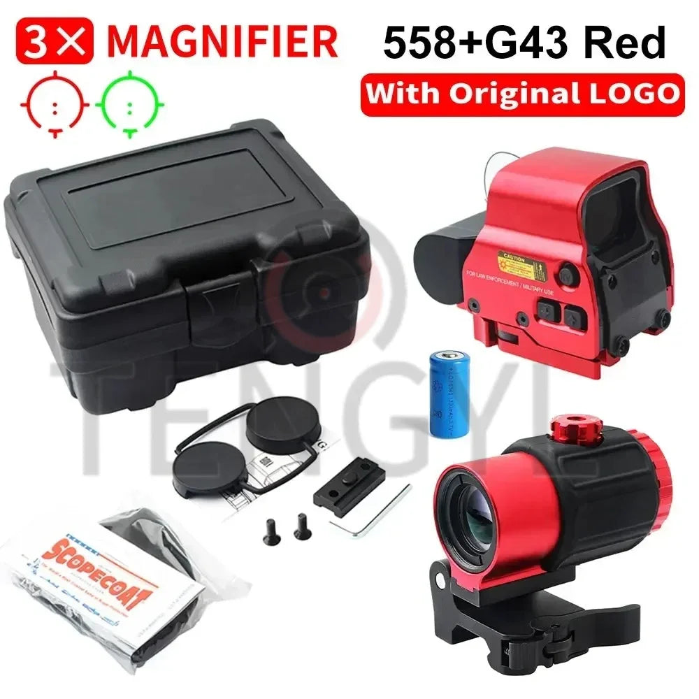 Holographic Collimator 558 Red Dot Sight G43/G33/G45 3X 5X Magnifier Airsoft Hunting Gear w/ 20mm Rail Mounts & QD Lever
