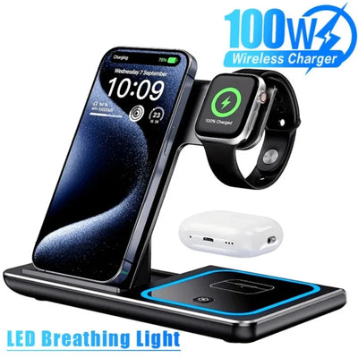 100W 3 in 1 Night Light Wireless Charger Stand For iPhone 17 16 15 14 13 12 Apple Watch Airpods Foldable Fast Charging Station
