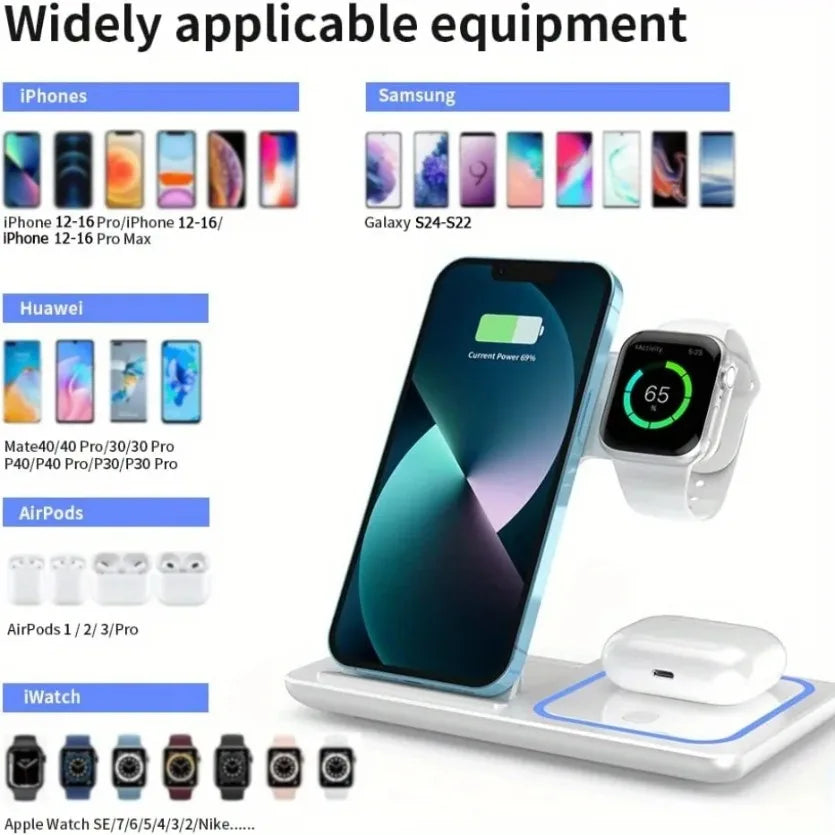 100W 3 in 1 Night Light Wireless Charger Stand For iPhone 17 16 15 14 13 12 Apple Watch Airpods Foldable Fast Charging Station