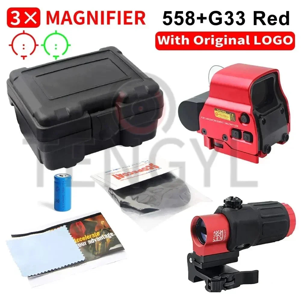 Holographic Collimator 558 Red Dot Sight G43/G33/G45 3X 5X Magnifier Airsoft Hunting Gear w/ 20mm Rail Mounts & QD Lever