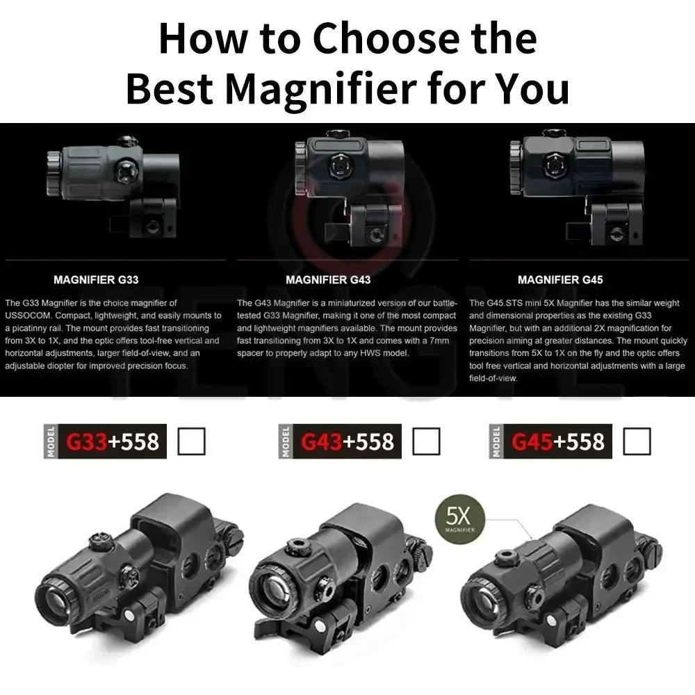 Holographic Collimator 558 Red Dot Sight G43/G33/G45 3X 5X Magnifier Airsoft Hunting Gear w/ 20mm Rail Mounts & QD Lever