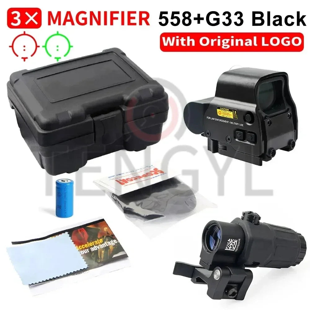 Holographic Collimator 558 Red Dot Sight G43/G33/G45 3X 5X Magnifier Airsoft Hunting Gear w/ 20mm Rail Mounts & QD Lever