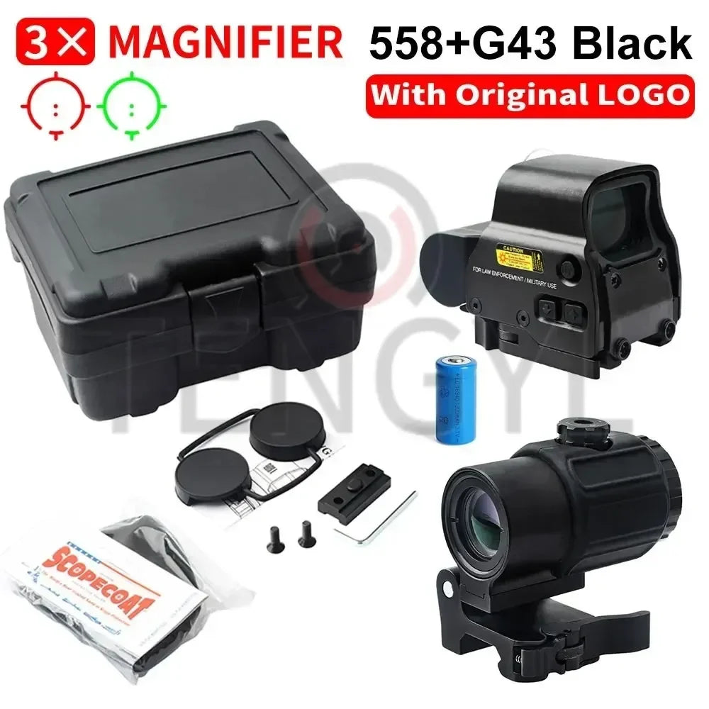 Holographic Collimator 558 Red Dot Sight G43/G33/G45 3X 5X Magnifier Airsoft Hunting Gear w/ 20mm Rail Mounts & QD Lever
