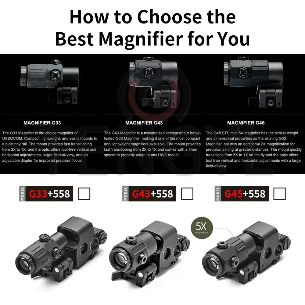 Holographic Collimator 558 Red Dot Sight G43/G33/G45 3X 5X Magnifier Airsoft Hunting Gear w/ 20mm Rail Mounts & QD Lever